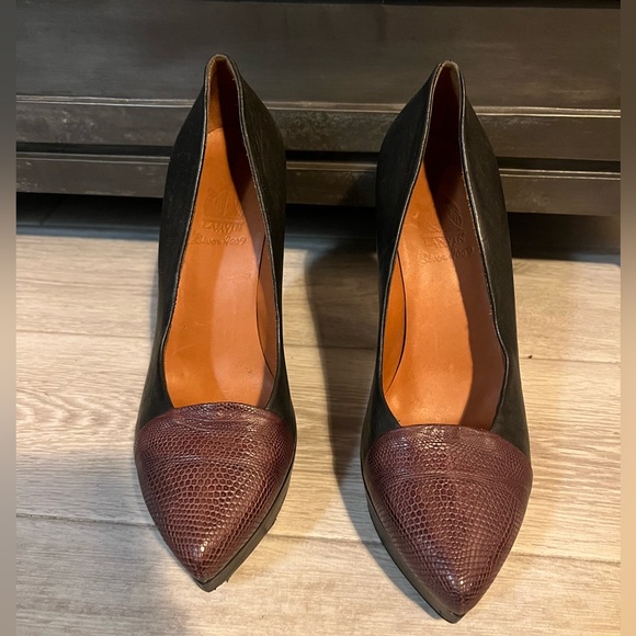 LANVIN black (snakeskin toe) & maroon leather pumps a/ mirrored-inner heel.Sz 40 - Picture 5 of 11